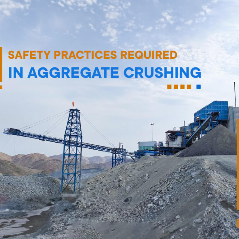 Illustration of safety practices in aggregate crushing operations, emphasizing hazard identification, risk assessment, equipment guarding, training, dust control, fall protection, and emergency preparedness.
