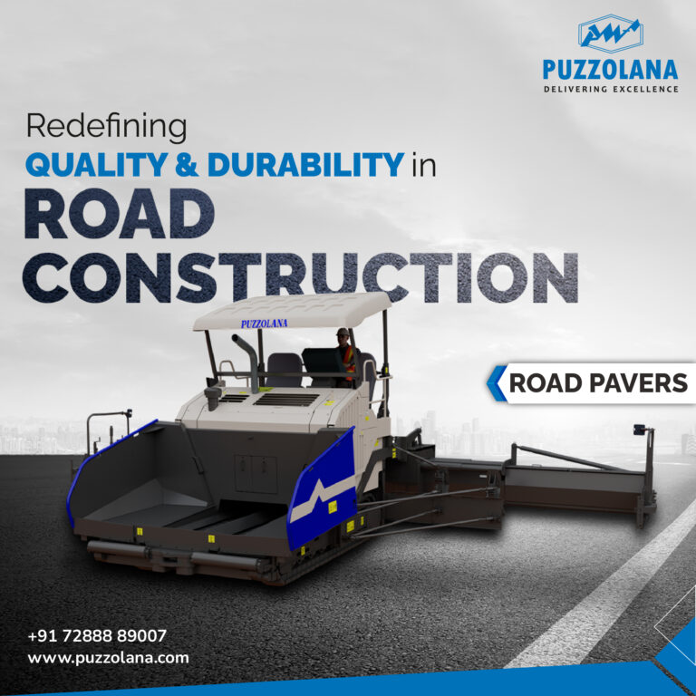 Puzzolana road paver on a Road construction site, showcasing advanced technology and durability features.