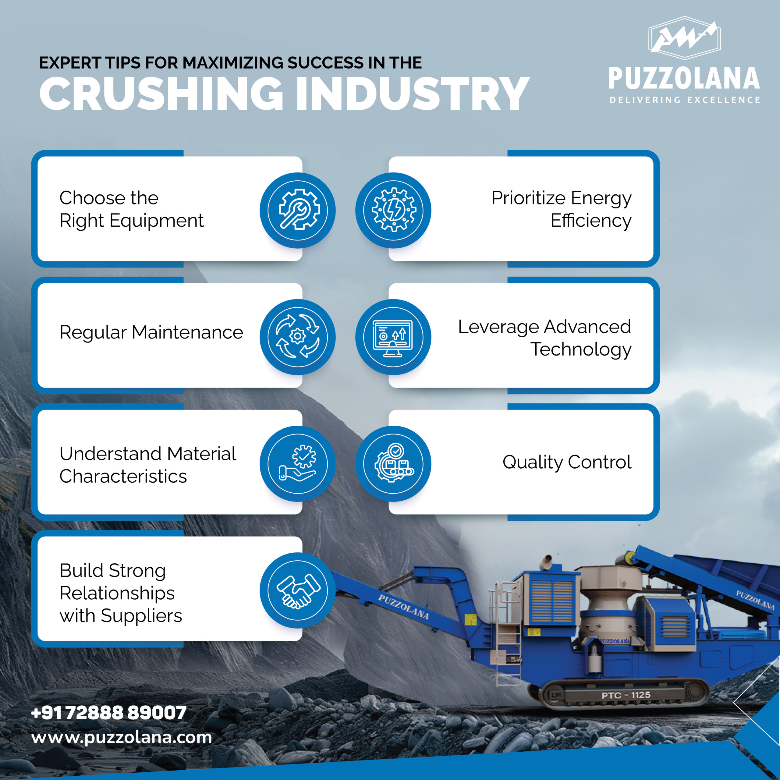 Diagram of different types of crushing equipment from Puzzolana, showcasing jaw crushers, cone crushers, and vertical shaft impactors for construction and mining operations.