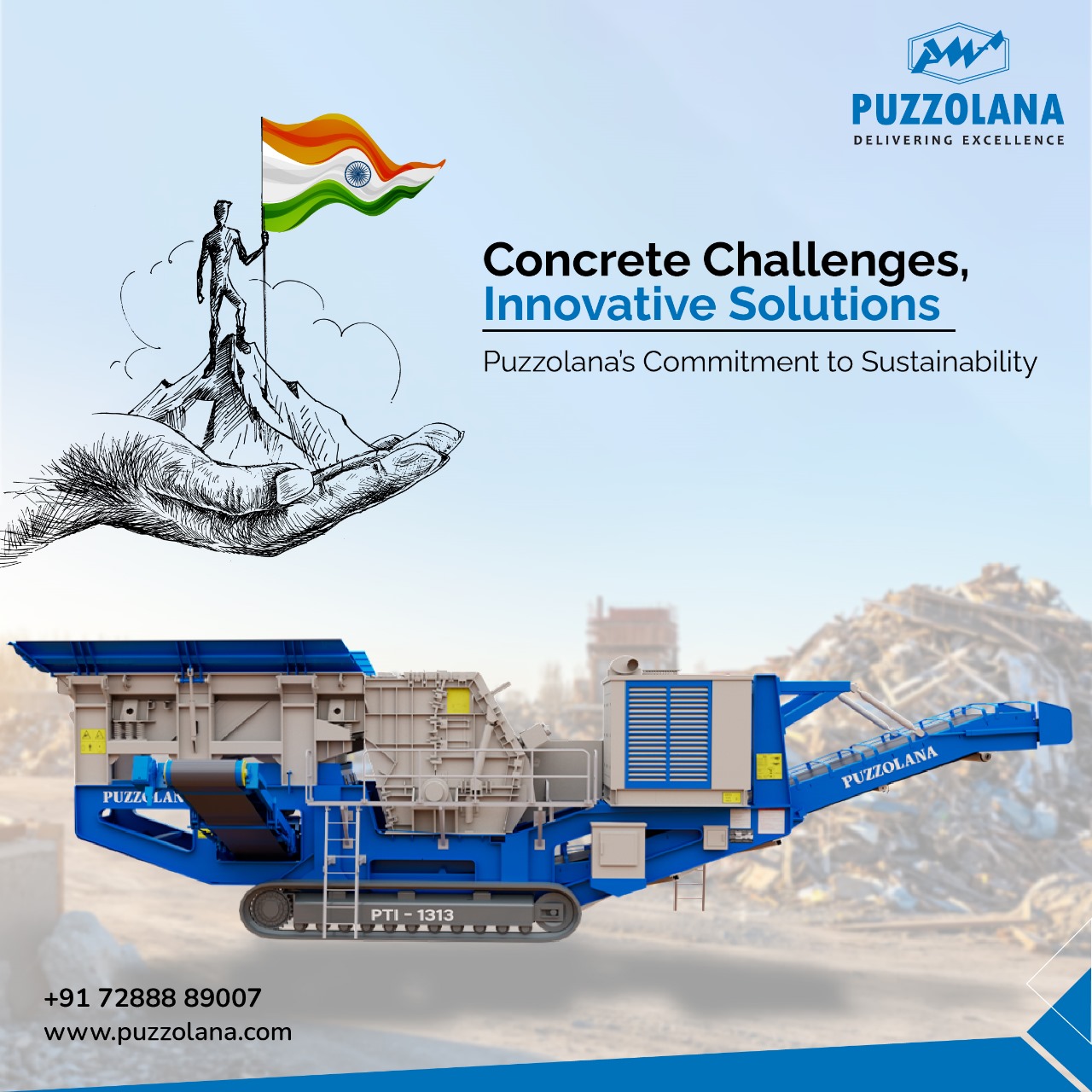 Construction site showcasing Puzzolana’s concrete recycling technology for sustainable construction waste management and CO2 reduction