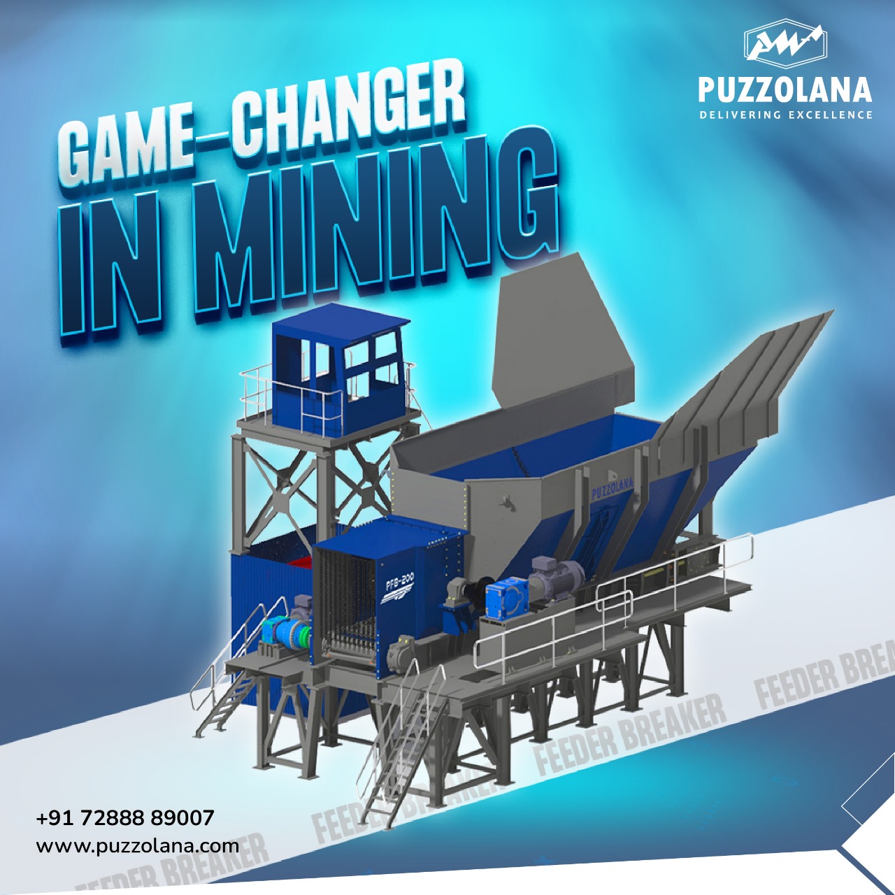 Close-up of Puzzolana Feeder Breaker PFB 200 model, showcasing its rugged design, adjustable crusher roll, and heavy-duty chain system for efficient mining and material handling.