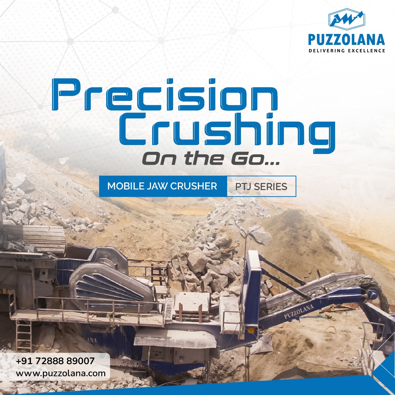 Puzzolana Crawler Crusher operating on rugged terrain for mining and construction projects.